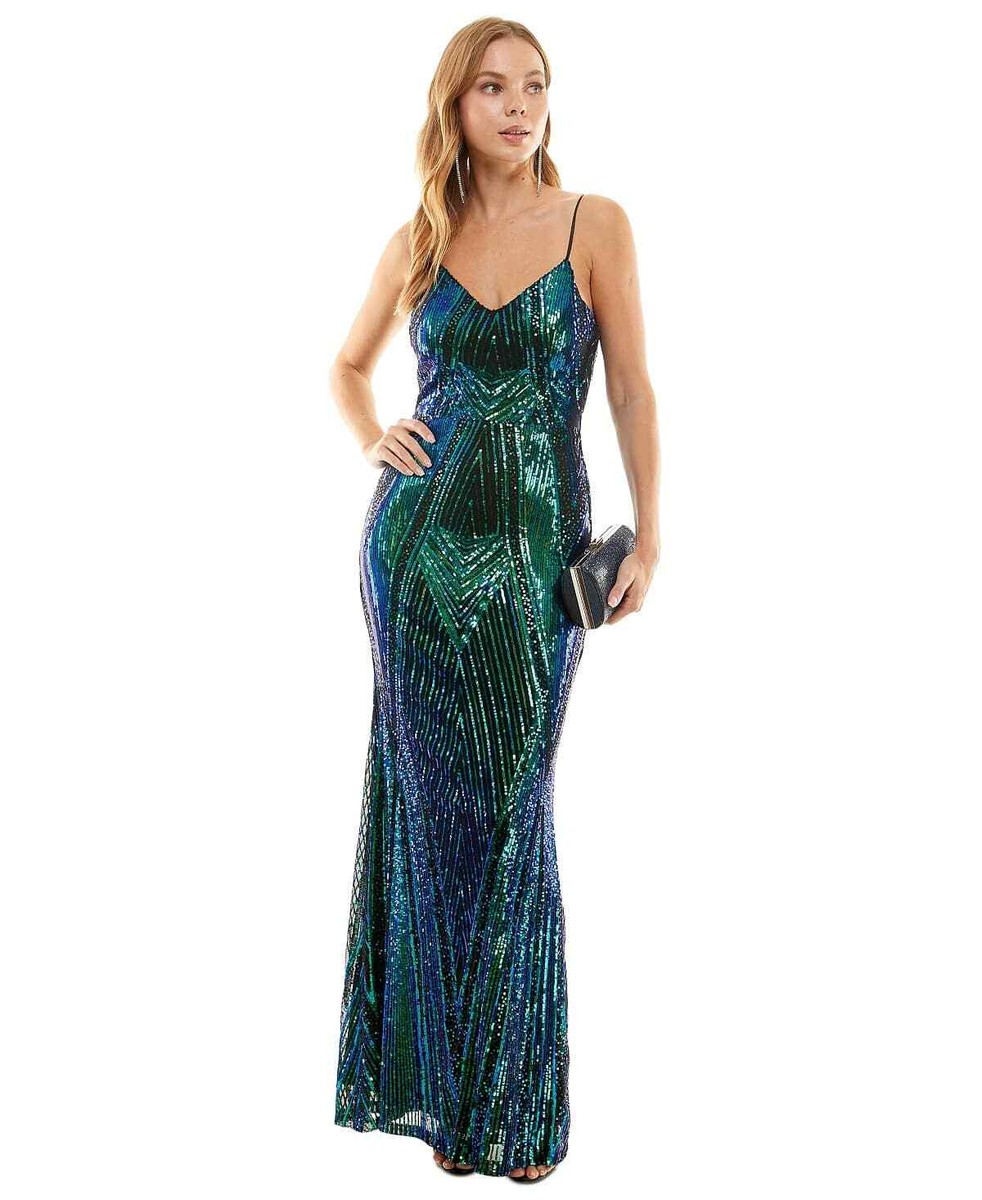 Next Up Juniors Black Green Sequined V-Neck Scoop-Back Gown Dress - 3/4 -  Black | eBay