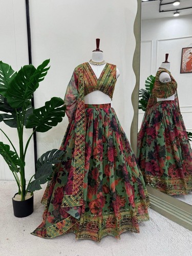 Organza atigrado Indian Look Lehenga Choli con Dupatta verde para mujer/niña - Imagen 2 de 9