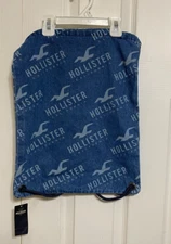 Hollister Blue Denim Unisex Drawstring Bag Backpack Hollister Logo Print NWT