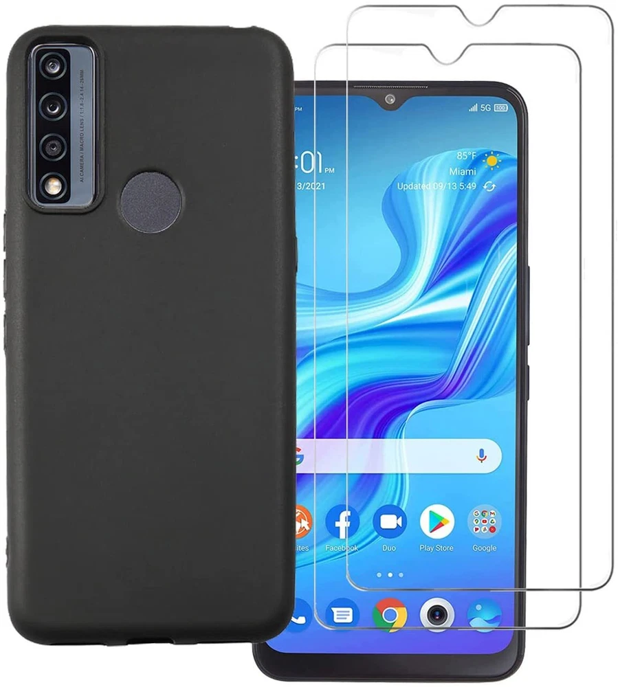 Phone Case Silicone Gel Soft Black Cover Tempered Glass Screen Protector Films