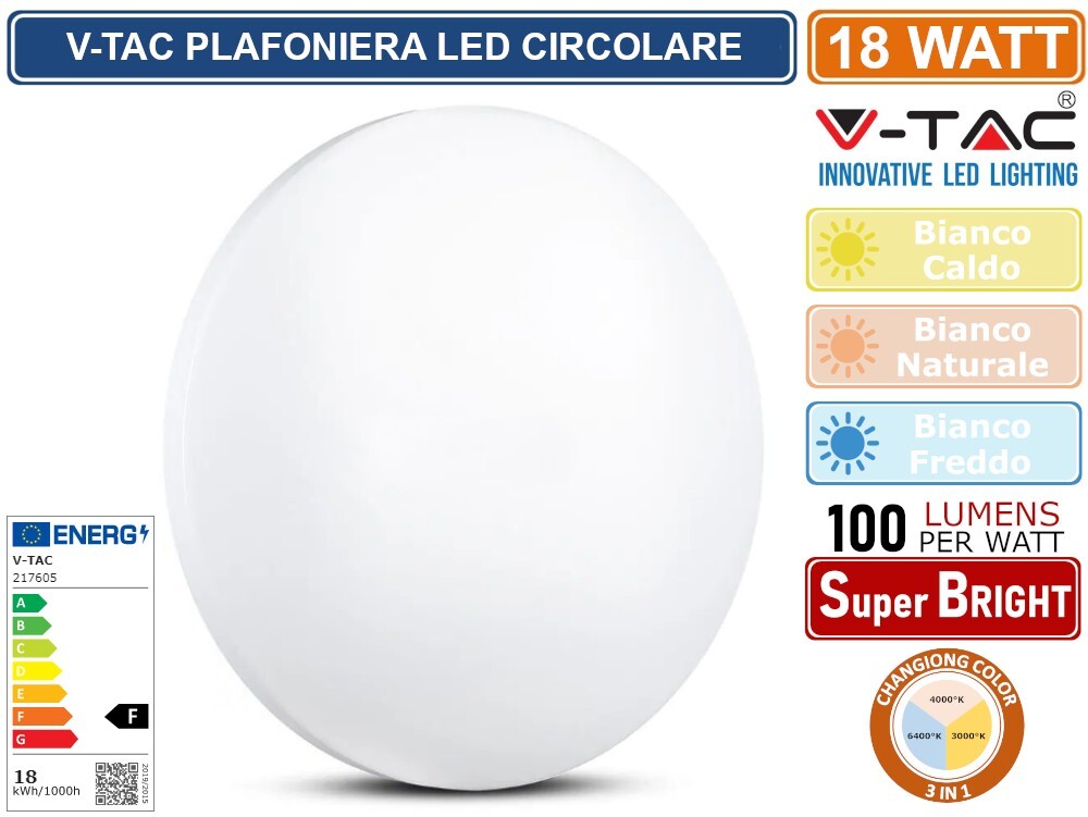 V-TAC VT-8418 PLAFONIERA LED ROTONDA 18W SMD CHANGING COLOR CCT 3IN1 CON DRIVER