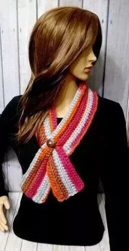 crochet womans handmade keyhole scarf button cowl fall stripes