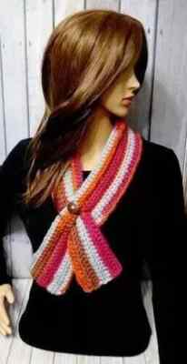 crochet womans handmade keyhole scarf button cowl fall stripes USA made new