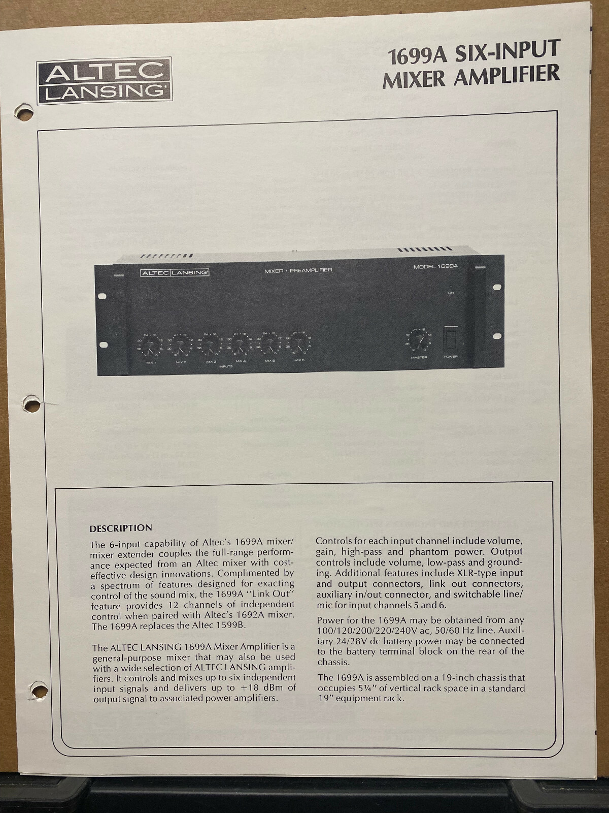 Owner Operating Instruction Manual ~ Altec 1699A Mixer Amplifier