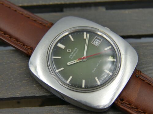 70's vintage watch mens Certina blue ribbon green dial rare big case steel 38mm - Picture 3 of 23
