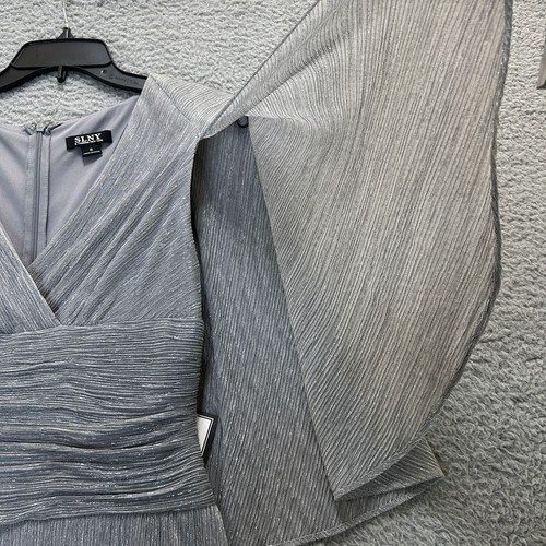 SLNY Evening Dress Womens 8 Silver Bell Sleeve V Neck Gathered Waist Lined - Picture 7 of 13
