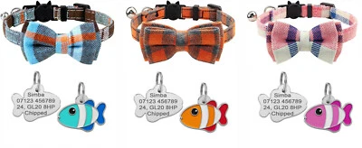 Cute Bow Tie Safety Cat Collar with Bell & Personalised Engraved Fish Tag ID