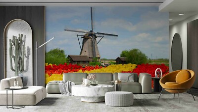 3D Floral Tulip Windmill House Self-adhesive Removable Wallpaper Murals Wall 367