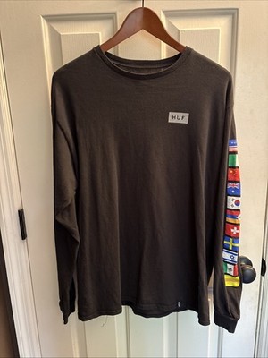 Huf  Long Sleeve T Shirt Large Black  Worldwide Flag Design USA Canada Mex