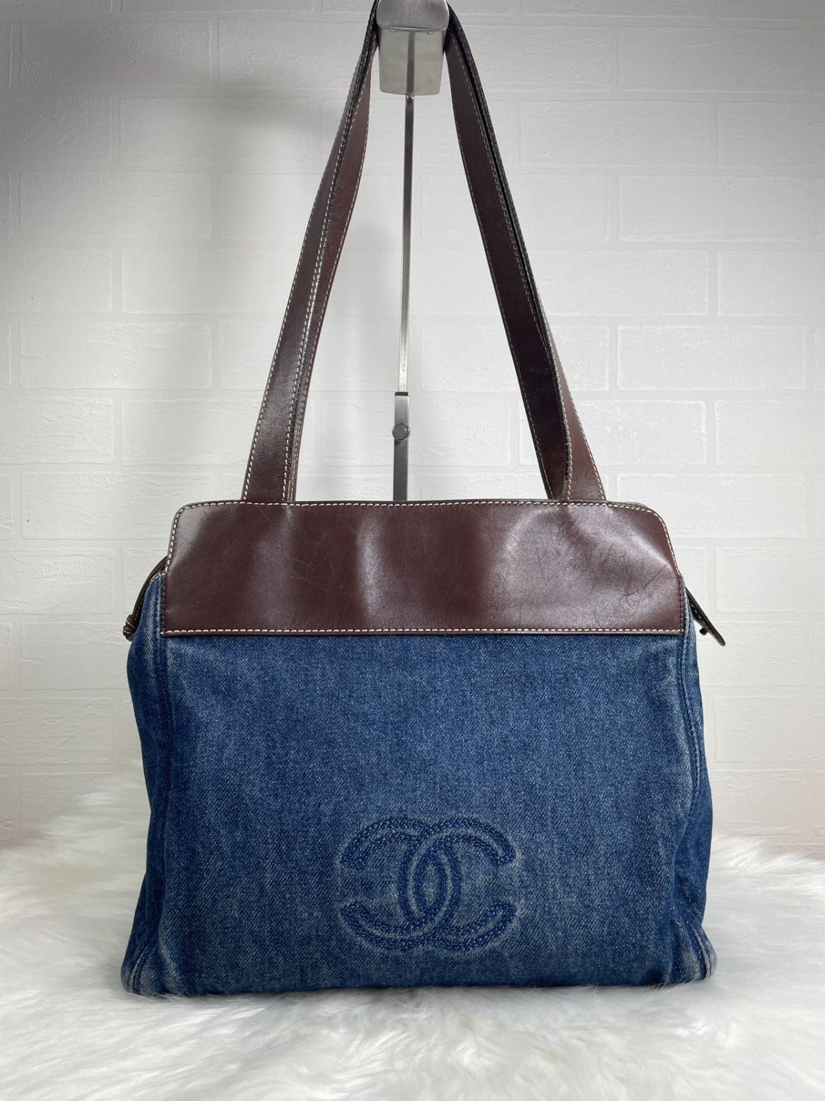 Chanel Coco Mark Denim & Leather Tote Bag with Zip Pockets Pre-Owned