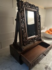 Antique Intricate Carved Wood Vanity Swivel Mirror W/ Drawer Moroccan Boho 16”