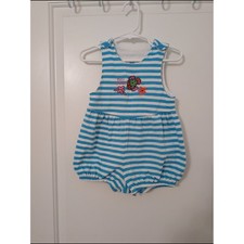 Vintage OshKosh B'gosh Blue Striped Romper With Fish Embroidery 18m Vacation