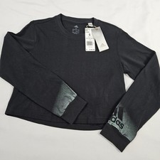 New Adidas Black Graphic Cropped Long Sleeve Top Size S