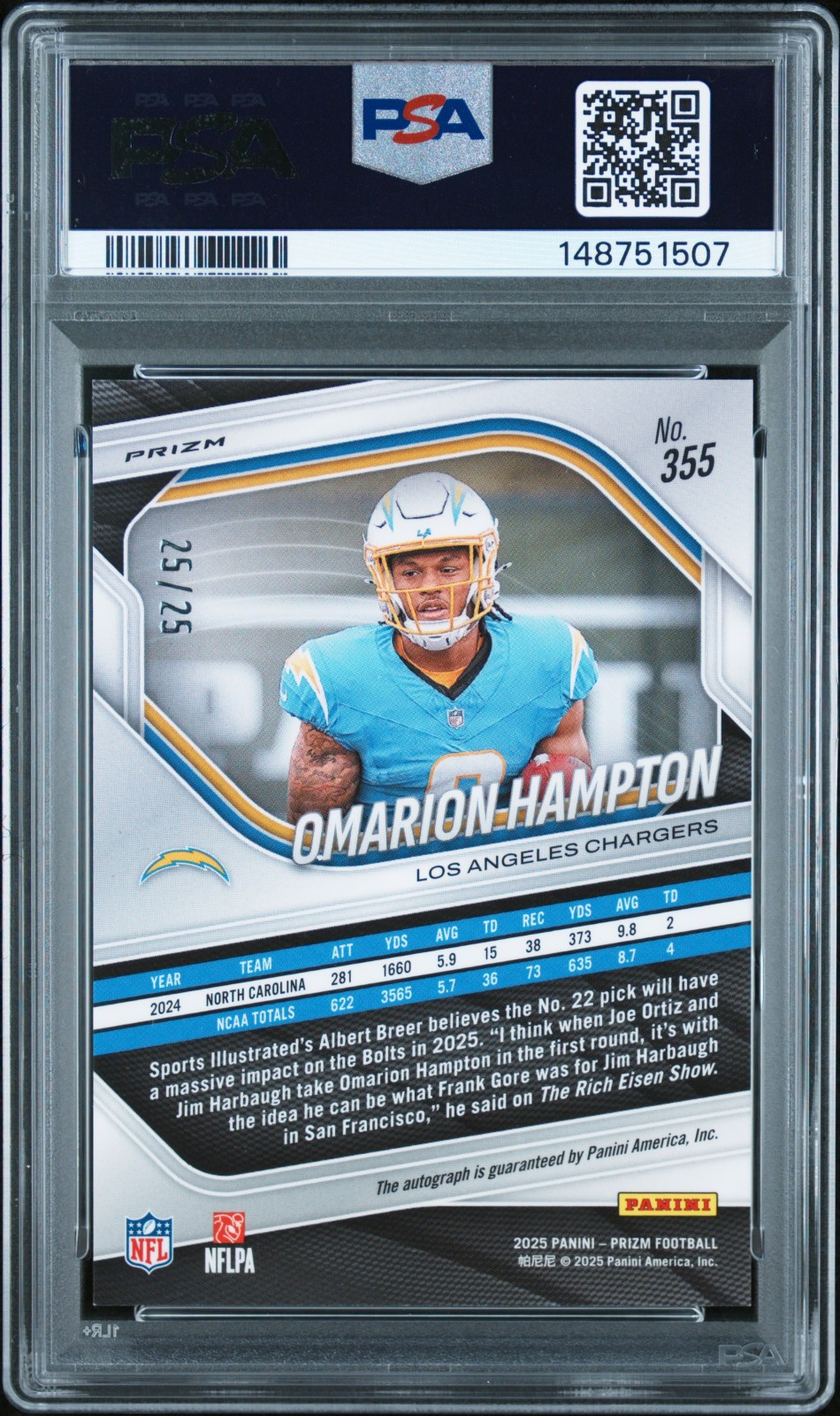 Omarion Hampton RC 2025 Panini Prizm FOTL Blue Shimmer 25/25 Auto PSA 9 Chargers view 2