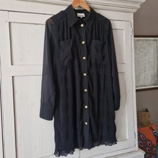 GANNI Black Pleated Georgette Long Sleeve Gold-Button Shirt Dress UK 12-14 