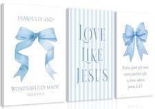 Blue Bow Jesus Canvas Wall Art Decor, Light Blue Coquette Dorm Room Wall Deco...