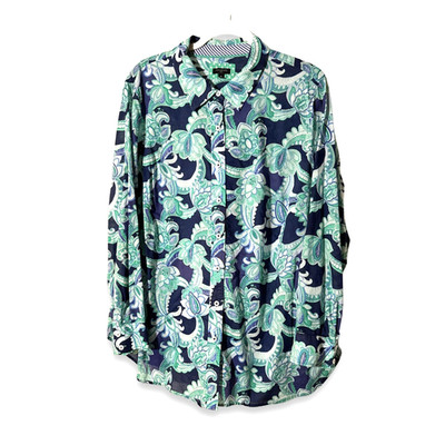 Talbots Plus 2X Cotton Paisley Floral Button Up Shirt Navy Blue Boho Relaxed Fit