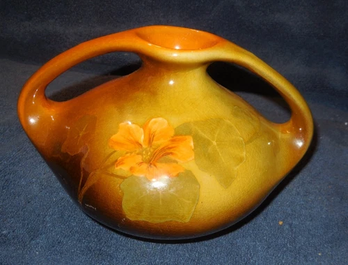 Antique Weller Art Pottery Louwelsa 2 Handled Squat Vase/5" Tall