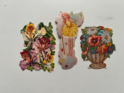 Stammbuchblümchen Glanzbild Scraps Blumen mit Glitzer, Fee 1960er? Jahre
