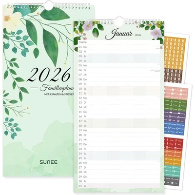 SUNEE Familienkalender 2026 5 Spalten, 12 Monate Kalender Familienplaner 2026...