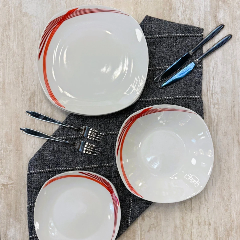 12-pc Dinner Set White Soup Dessert Plates Red Lines Semi Square Four Servings - Image 4 of 4