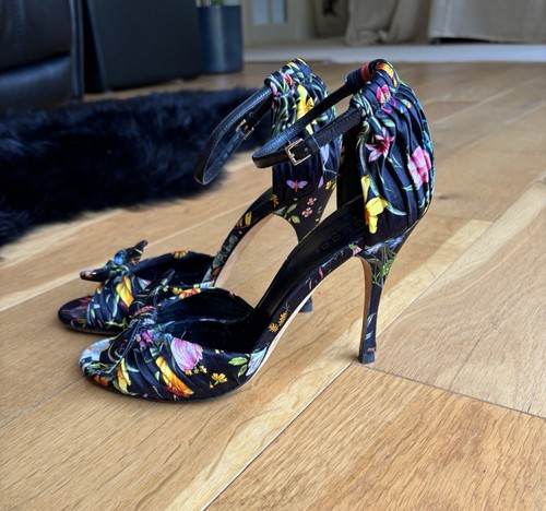 VINTAGE GUCCI Black Floral Silk Ankle-Strap Sandals Heels Shoes UK 4 / 37 - Picture 9 of 24