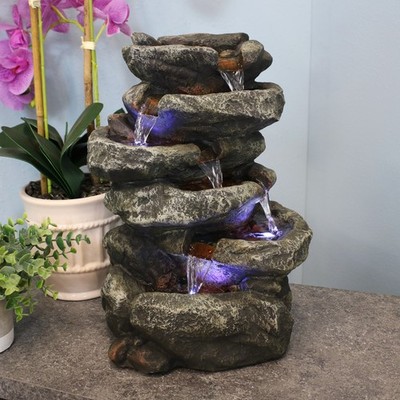 Stone Falls Polyresin 6-Tier Indoor Fountain with LED - 15 in by Sunnydaze