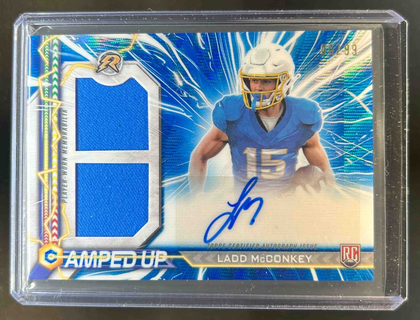 2024 Topps Resurgence Ladd McConkey Amped Up Rookie Patch Auto Blue Surge #6/99
