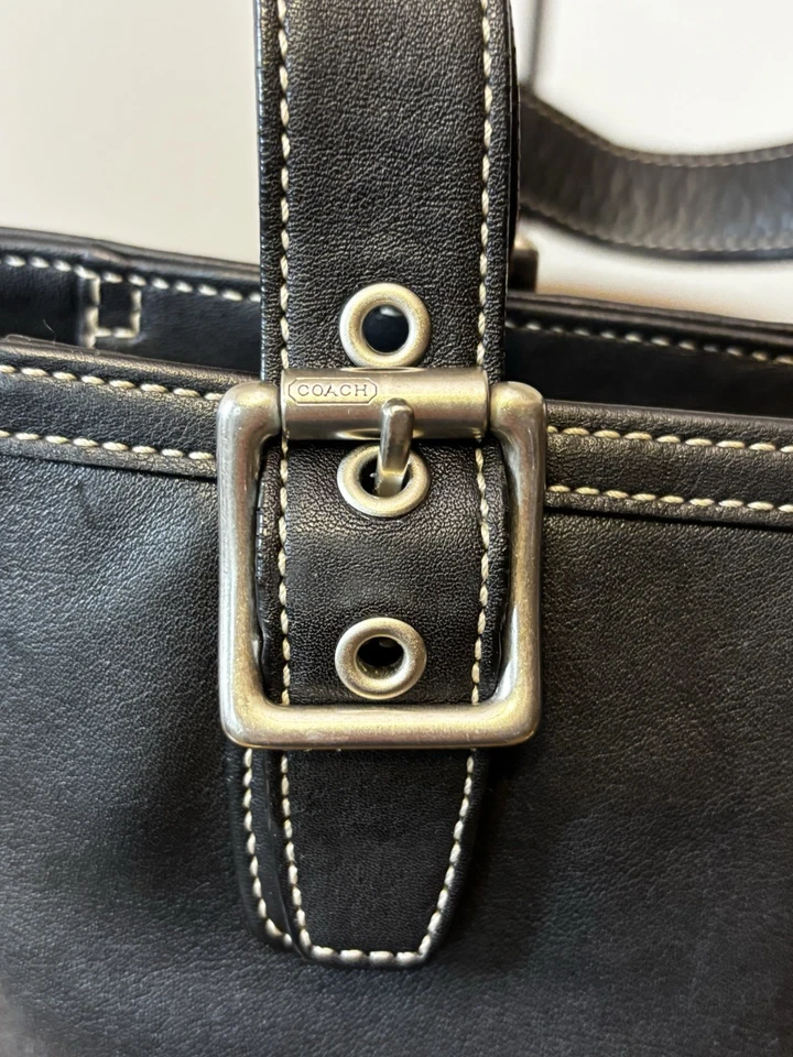 Bolso de Mano Hampton Bucket Vintage Coach Cuero Negro Doble Asa Cierre Superior con Cremallera G2U Foto 4 de 4