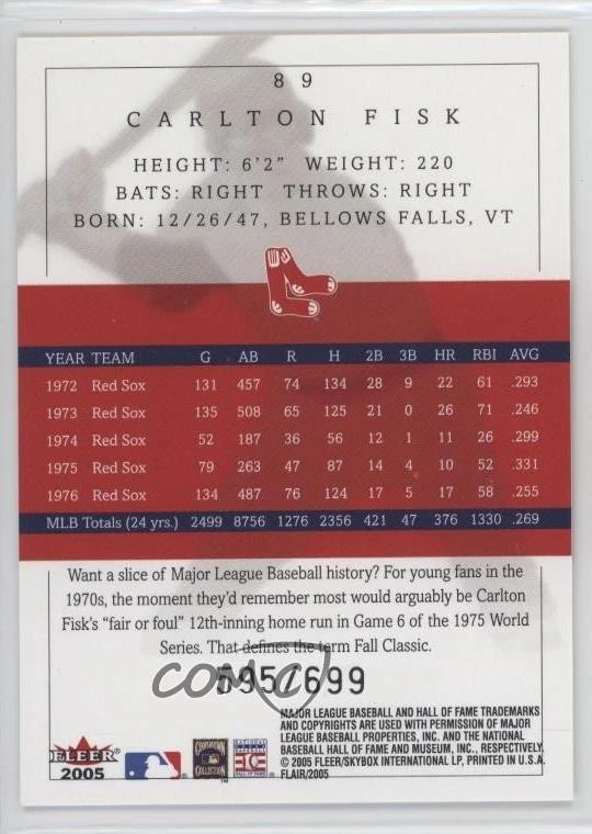 2005 Flair /699 Carlton Fisk #89 HOF - Image 2 of 2