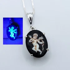 Sterling Cupid Uranium Glass Cameo Necklace Antique Custard Glass Black 925