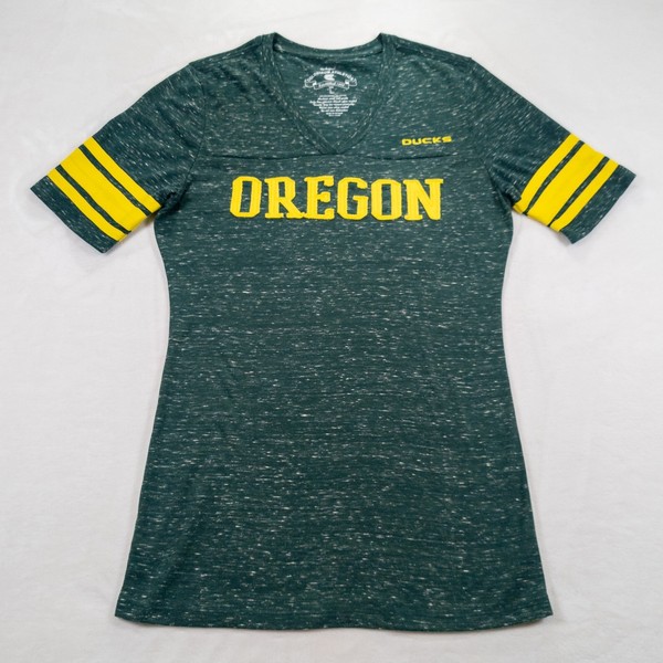 Oregon Ducks T-Shirt Women L Green V-Neck Embroidered Patch College Fan Gear Top