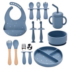 13 PCS Silicone Baby Feeding Set Suction Bowl Plate Spoons Bib Lake Blue