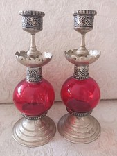 2 Vintage Ruby red Globe Glass & Intricate Etched Silver Metal Candle Holders 8"