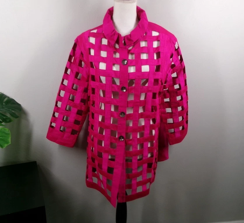 Chaqueta PATTY KIM para mujer XL rosa tejido abierto manga 3/4 abotonada sin carcasa/forro Foto 4 de 4