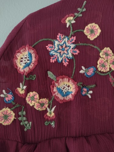 ZARA Womens Tiered Embroidered Dress Floral Mini Babydoll Burgundy Size XS Girly - Picture 9 of 12