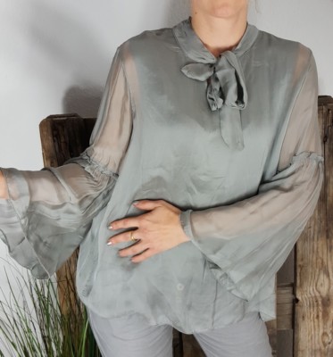 NEU ITALY TRAUM SILK SEIDEN BLUSE AUSGESTELLTE  ÄRMEL SCHLEIFE HELLGRAU 36-40