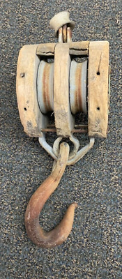 ANTIQUE Double Wood Shell Block with Swivel Hook