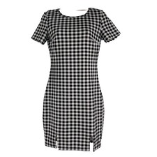 Shein Dress Women's Small Double Slit Pencil Short Sleeve Black White Check