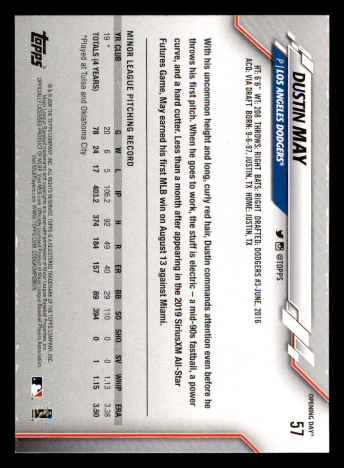 2020 Topps Opening Day #57 Dustin May RC - Image 2 of 2
