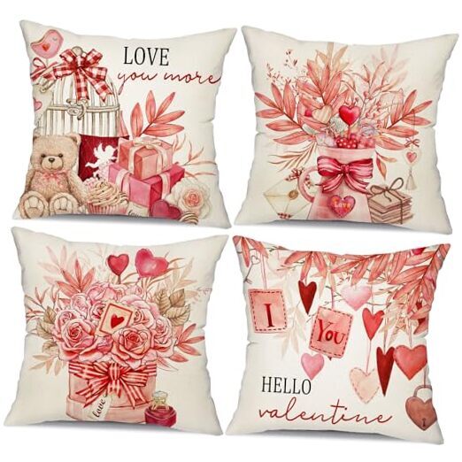 Valentine's Day Pillow Covers 18x18 Inch Set of 4 Pink Gift Bear Rose
