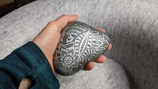 Hand Painted Rock / Stone - Mandala Zentangle silver black gray "joy"