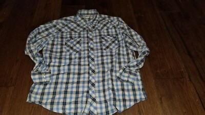 Rock & N Roll Mens Blue White Plaid Long Sleeve Pearl Snap Western Shirt MTW1361