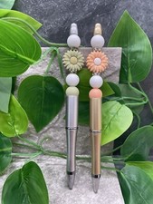 2 PC Handmade Silicone Wood Bead Rhinestone Black Ink Pen Set New Flower A3621