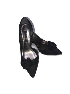 black satin pointed toe pumps