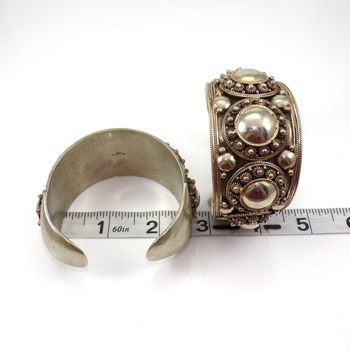 VTG Asian 136gr Two Ornate Modernist Sterling Silver Wide Cuff Bracelets 7" FZ1 - Picture 3 of 3