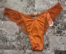 NWT VICTORIA'S SECRET M RUST SATIN SMOOTH LACE GOLD RING HIGH LEG THONG PANTIES