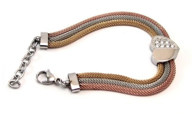 Pulsera Corazón Malla Tri Color Oro Rosa PVD Oro Amarillo PVD Ajustable Foto 4 de 4