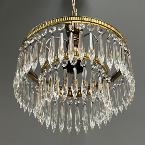 Stunning vintage antique FRENCH CRYSTAL BRASS CHANDELIER ceiling light hall lamp - Afbeelding 1 van 10