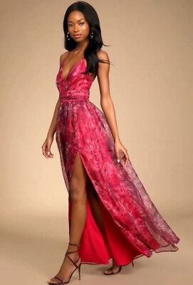 ◆Lulus◆Floral Print Organza Maxi ドレス 送料込 Lulus Romance That Wows Magenta Floral Print Organza Maxi